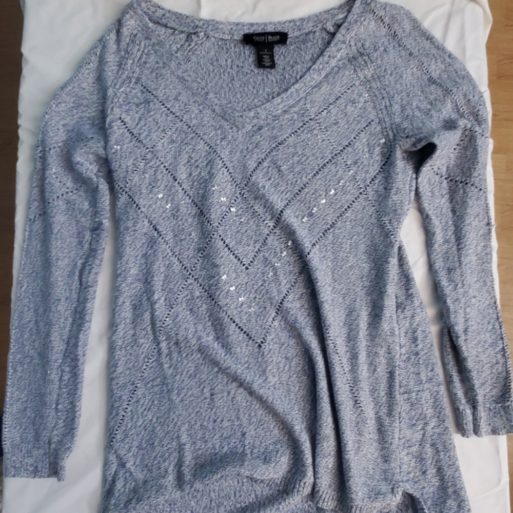 White House Black Market Sweater. Size Small, Greyish with purple/blue & sparkle